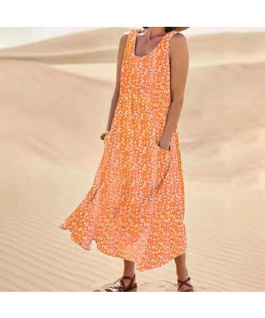 ToddlBy Ladies Summer Pocket Sleeveless Round Neck Swing Fashion Floral Dress plus Dresses for Women plus Size Orange Large - Buy Online on GoSupps.com
