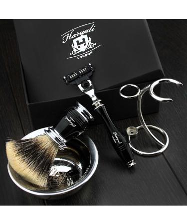 4 Pc Men's Shaving Kit - 3 Edge Razor Silver Tip Badger Hair Brush Stand & Stainless Steel Bowl - Perfect Gift Set for Men - Buy Online on GoSupps.com