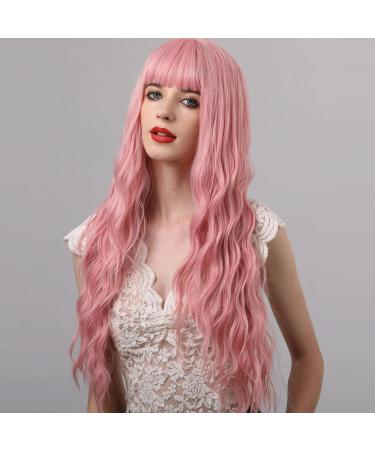 Pretfy Long Pink Curly Wig 26" Pink Wigs Long Curly Wavy Wigs with Air Bangs for Women Natural Sexy Wavy Hair Wig With Fringe Cosplay Party Daily Halloween Daily Heat Resistant Synthetic Wig Pink-2#