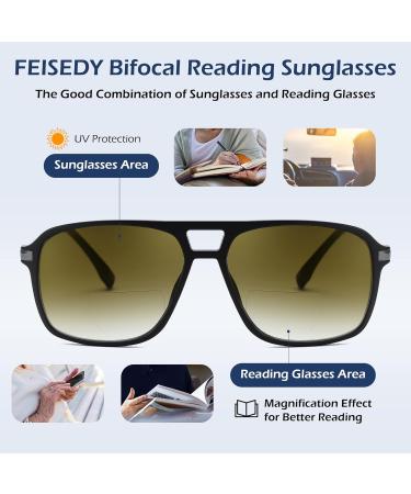 FEISEDY Aviator Bifocal Reading Sunglasses for Men & Women - Vintage Square Tinted Blue Light Blocking Black Frame-Gradient Tea Model B0181 - Buy Online on GoSupps.com