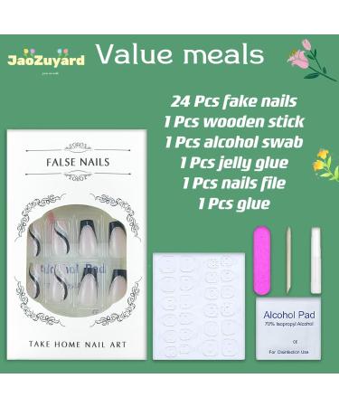 Shop Exquisite French Tip Medium Coffin Press On Nails - Black & Nude Glossy Acrylic Nails for Women | 24 Pcs Full Cover Glitter Nails - Buy Online on GoSupps.com