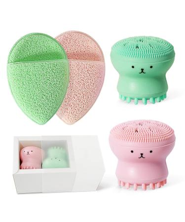 2pcs Jellyfish Silicone Manual Facial Cleansing Brush Sets + 2pcs Cleansing Sponge Facial Flutter Wash Face Pad Brushes, Silicone Handheld Face Brush, Massage,