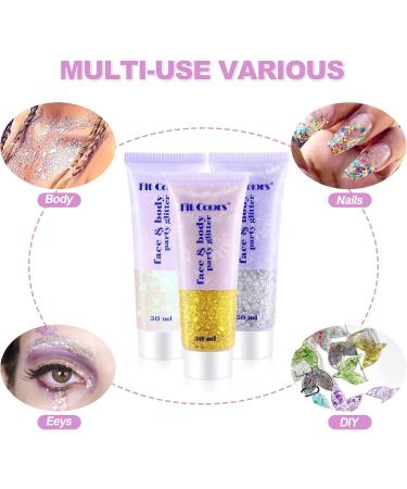 Pamiyo Glitter Gel 3 x 50ml - Face Body Sequins for Hair Lips Nails | White Gold & Silver Mermaid Liquid Eyeshadow for Festive Occasions - Buy Online on GoSupps.com