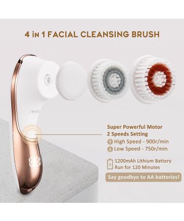 Electric Facial Cleansing Brush - Rechargeable Exfoliator for Deep Cleansing & Massaging | IPX-7 Waterproof with 4 Brush Heads - White & Rose Gold - Buy Online on GoSupps.com