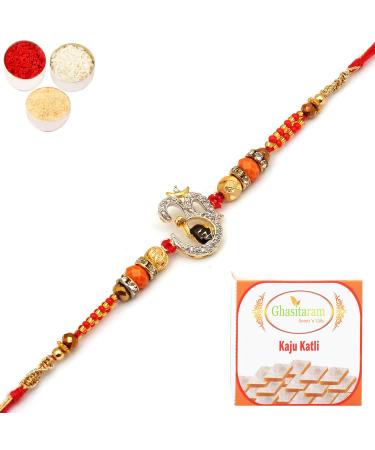 Ghasitaram Gifts Rakhi for Brother Rakhis Online- Enchanting Om ad007 Rakhi with 200 GMS of Kaju katli