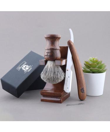 Haryali London Men's Wooden Shaving Set - Straight Razor Black Badger Hair & Stand | Best International Shipping - Buy Online on GoSupps.com