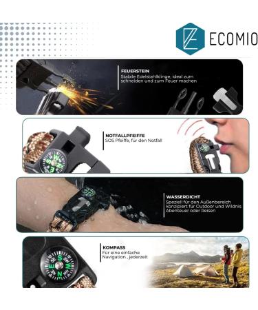 Ecomio Outdoor Survival Paracord Bracelet for Men - Multi-Functional with Flint Compass & Pipe - Perfect for Hiking Camping & Emergencies - Brown - Buy Online on GoSupps.com