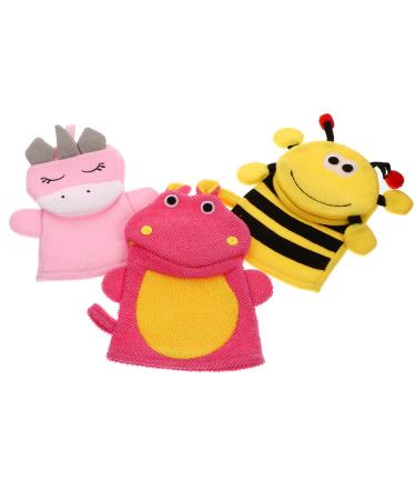 OSALADI 3Pcs Cartoon Baby Kids Bath Shower Gloves  Baby Bath Mitts  Shower Sponge Cute Animal Bath Scrubber Sponge Mitts for Baby Toddler Kids Bath And Shower (Bee  Hippopotamus  Unicorn) As Shown 2