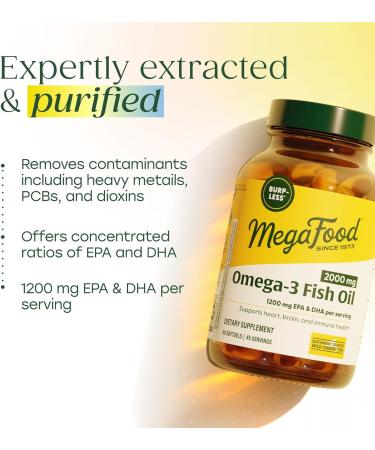 MegaFood 2000mg Fish Oil Omega 3 Supplements - Burp-Less & Lemon Oil Infused - Heart Brain Eye Joint & Immune Support Supplement - 1200mg EPA & DHA Per Serving - 90 Softgels 45 Servings - Buy Online on GoSupps.com