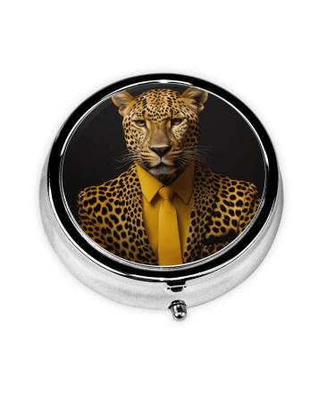 Cheetahs in Suits Portable Metal Pill Box Round Mini 3-Compartment Plastic Insert hinged Fastening Design Suitable for Small Pills Must-Have for Travel
