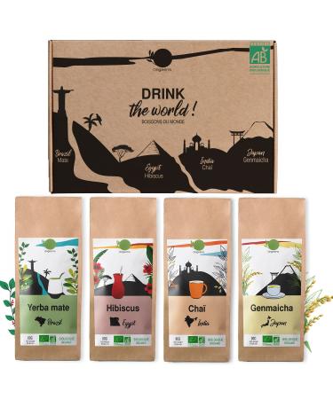 Origeens ORIGEENS Organic Tea Set Drinks of the World - Hibiscus Mate Chai Tea Genmaicha Green Tea - Tea Assortment 4x80gr - Tea Gift Set