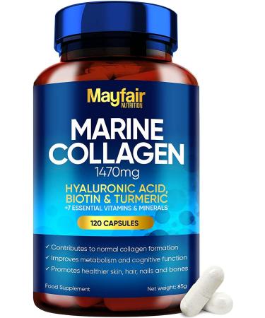 Mayfair Nutrition Marine Collagen 120 High Strength Capsules 1470mg Complex with Hyaluronic Acid Biotin Turmeric Vitamin C E B2 D3 & 3 Minerals Hydrolyzed Supplements Women Made in UK