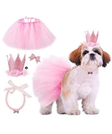 GAGILAND Dog Birthday Outfit Pink Puppy Tutu Adorable Dog Hat Necklace for Small Dogs Girl Puppy A-Pink
