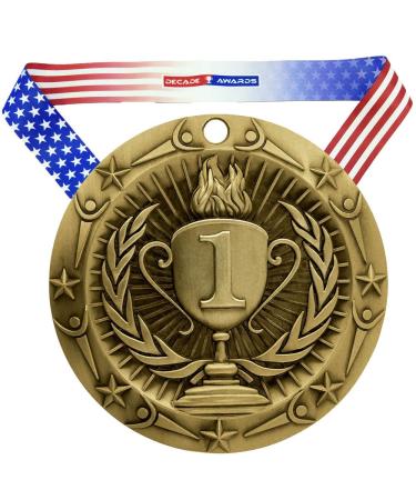 Decade Awards Place Medal World Class Medal - 3 Inch Wide Medallion with Stars and Stripes American Flag V Neck Ribbon GOLD (1st Place)