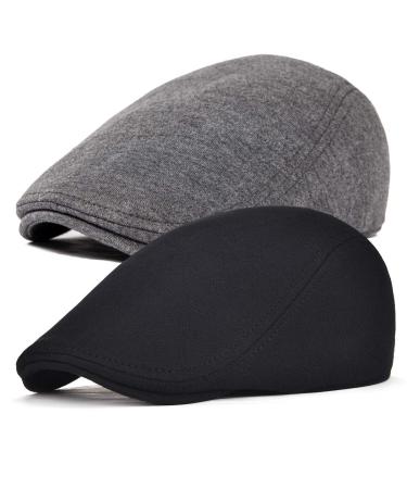 FEINION 2 Pack Men Cotton Newsboy Cap Soft Fit Cabbie Hat Black/Dark Grey