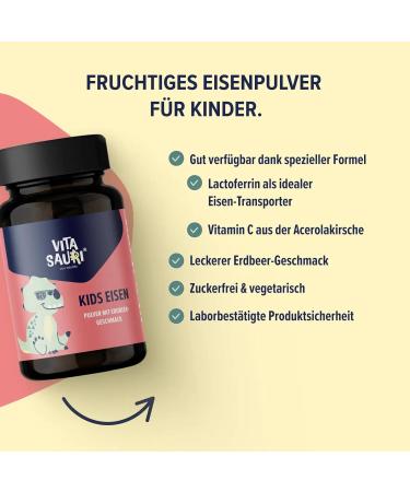  edubily nutrition Vitasauri Kids Iron Powder for Children with Lactoferrin and Vitamin C from Acerola Extract - Delicious Strawberry Flavor - Vegetarian - Sugar-Free (65 g) edubily nutrition  - Buy Online on GoSupps.com