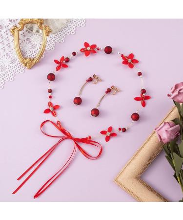 HINZIC Red Flower Crown & Earring Set - Bridal Rhinestone Pearl Headpiece for Wedding & Engagement - Buy Online on GoSupps.com