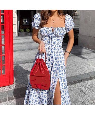 Women's Floral Flowy Boho Midi Dress - Short Sleeve Summer Beach Split Long Dress in Light Blue - Size Small - Buy Online on GoSupps.com