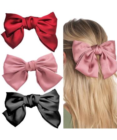Bowknot Clips 3Pcs Hair Bow Clips for Women Handmade Satin Ribbon Large Hair Bow Barrette Hair Accessories