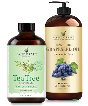 Handcraft Blends Clarifying Body Set: Grapeseed Oil (16 Fl Oz) and Tea Tree Essential Oil (4 Fl Oz) 100% Pure & Natural for Clear Skin and Back Massage