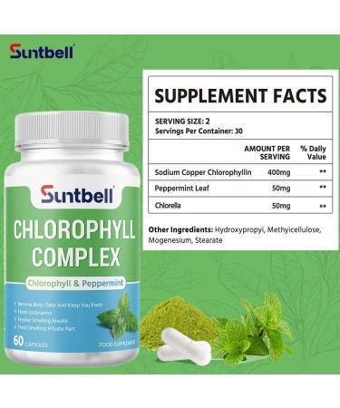 Suntbell Chlorophyll Capsules 400mg Sodium Copper Chlorophyllin for Internal Cleansing Supports Digestive Health and Skin with Peppermint and Chlorella 60 Count 30 Day Supply - Buy Online on GoSupps.com
