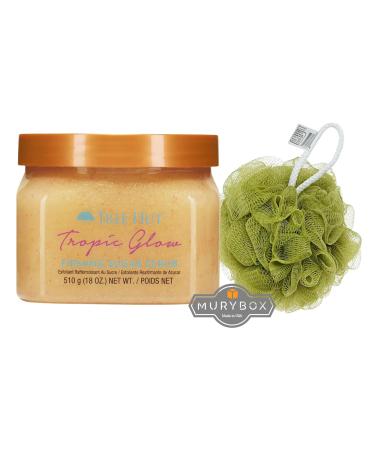 TreeHut Body Shea Sugar Scrub Exfoliator Tropic Glow 18 oz | Exfoliating Body Scrubber | Sugar Scrub | Body Scrub | Body Scrubber + Mesh Bath and Shower Sponge for a Exfoliating + MB Sticker.