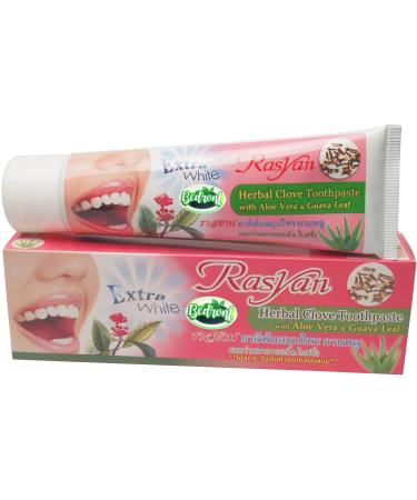 Rasyan Herbal Clove Toothpaste in Tube (100 G) with Aloe Vera and Guava Leaf for Healthy and White Teeth Remove Bad Breath. Made in Thailand.