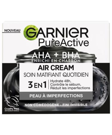 Garnier Pure Active Air Cream Mattifying daily care enriched with AHA + BHA and charcoal hydrates for 48 hours and mattifies for 12 hours* combination to oily skin with acne 50 ml