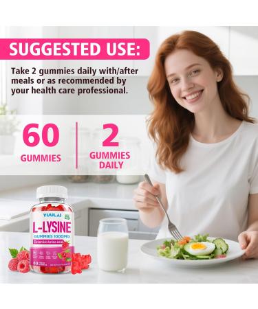 YUULAI L-Lysine 1000mg Gummies for Adults & Kids Essential Amino Acid Supplement for Lips & Oral Health Boost Immune & Collagen & Calcium Sugar-Free Raspberry Flavor 60 Count - Buy Online on GoSupps.com