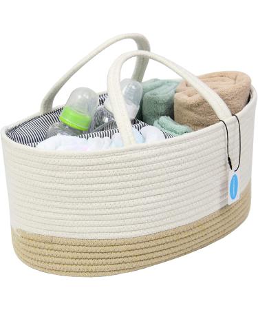 Casaphoria Large Baby Diaper Caddy Organizer - Nursery Storage Bin for Boys & Girls | Car Organizer - Cotton Rope Basket Portable Bag | Baby Shower Gift (White/Yellow 15.5 x10 x7) - Buy Online on GoSupps.com