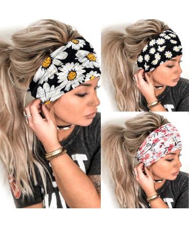 Catery Boho Headband Wide Floral Head Bands Knotted Stretch Hairbands Turban Headbands Head Wraps Fashion Hair Scarf Hair Accessories for Women and Girls (D)