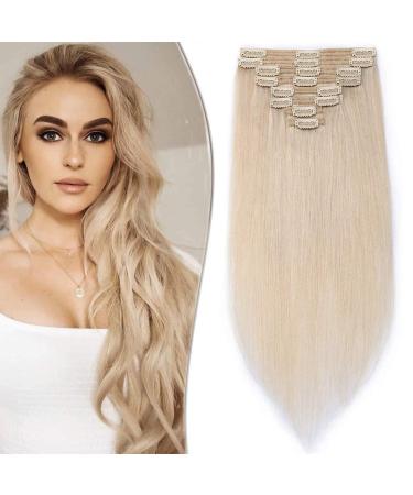 SEGO clip in Extensions Real Hair 8 Part Set Double Tress Hair Extension 100% Remy Hair For Complete Head White Bleach#70 18 "(45cm) -140g