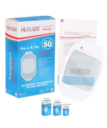 HEALQU Transparent Film Dressing   4" x 4.7" Pack of 50 Waterproof Wound Bandage Adhesive Patches Post Surgical Shower or IV Shield  Tattoo Aftercare Bandage by Healqu 4x4.7 Inch (Pack of 50)