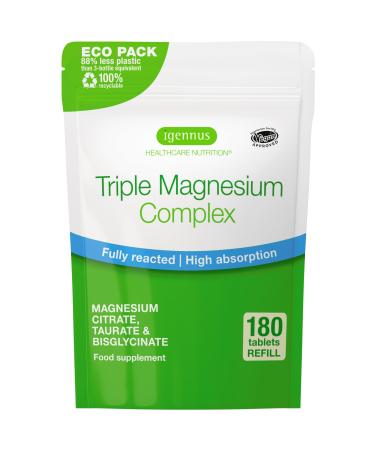 Igennus Advanced Triple Magnesium Complex Fully Reacted & Chelated Glycinate Taurate & Citrate Clean Label High Bioavailability & Absorption 180 Tablets Vegan Non-Buffered 180 Count (Pack of 1)