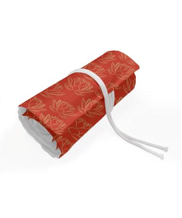ABAKUHAUS Japanese Roll Up Pencil Case, Warm Lotus Flowers Oriental, Durable & Portable Pencil Organizer, 72 Holes, Vermilion and Cream