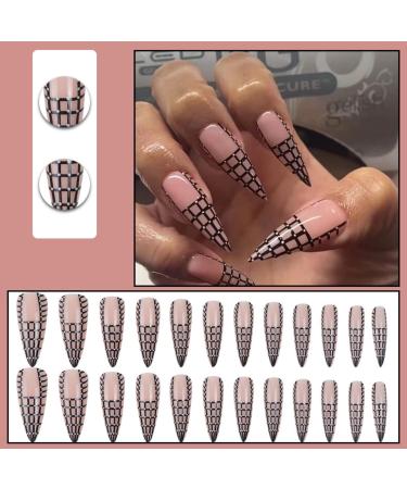 Justotry 24 Pcs Tartan Stiletto Fake Nails - Long Black French Press on Nails with Beautiful Pink Almond Patterns - Acrylic Extra Long False Nails for Women with Glue - Nail Art Black & Stiletto - Buy Online on GoSupps.com