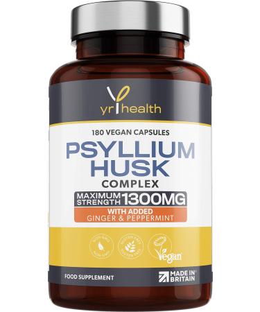 Psyllium Husks Capsules - 1300mg Fibre Supplement - 180 Vegan Capsules with Added Peppermint & Ginger - 2 Capsules not Tablets Per Serving - Plantago Ovata Plant Seeds - Made in The UK by YrHealth