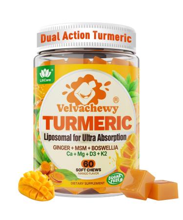 Liposomal Turmeric Curcumin 2000mg + Calcium 600mg & Vitamin D3 K2 Sugar Free Turmeric and Ginger Supplement Chews Gummies with Black Pepper Supports Healthy Response - 95% Curcuminoids Vegan 60ct