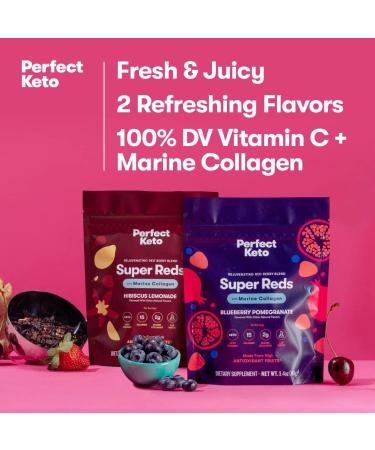 Perfect Keto Super Reds Superfood Powder Antioxidants Supplement with Fruit & Vegetable Powder Polyphenols & Marine Collagen Drink Mix for Skin & Energy Support Blueberry Pomegranate 20 Servings - Buy Online on GoSupps.com