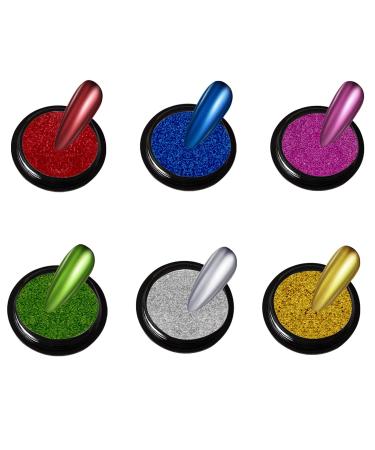 Set of 6 glitter powders chrome-plated fine with 6 eye shadow sticks mirror effect metallic chrome for nail art dark color