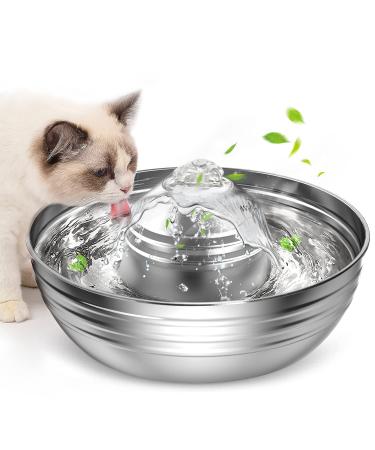 oneisall Cat Water Fountain Stainless Steel,2L/67oz Quiet Cat Fountain Water Bowl for Multiple Pets,Low Noise Water Fountain for Cats Inside Sliver