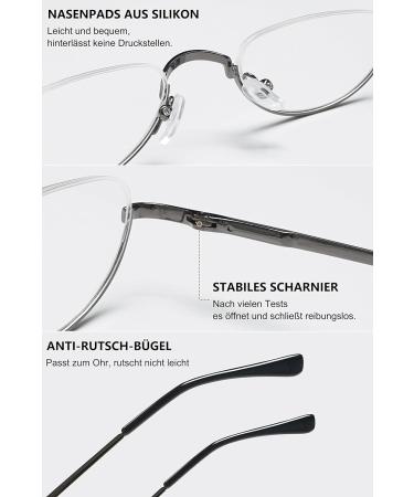 LANOMI Lightweight Half Rim Metal Reading Glasses - Mini Half Frame Eyeglasses with 1.5 Diopters Transparent Lens - Gray Reading Aid - Buy Online on GoSupps.com