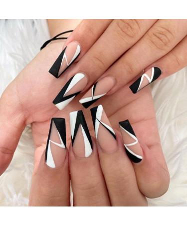 JUSTOTRY 24 Pcs Butterfly Fake Nails Medium Black and White French Press on Nails Patterns Matte Ballerina Stick on Nails for Women Acrylic Coffin False Nails Long with Glue for Nail Art white & black1