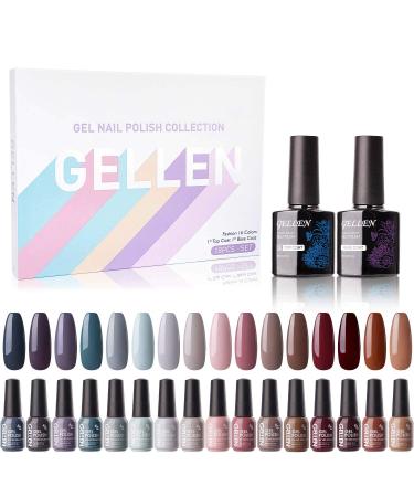 Gellen Gel Nail Polish Kit - With Top&Base Coats 16 Colors, Cool Neutrals Tones Elegance Wine Brown Grays, Popular Nail Kit Nail Polish Starter Kit