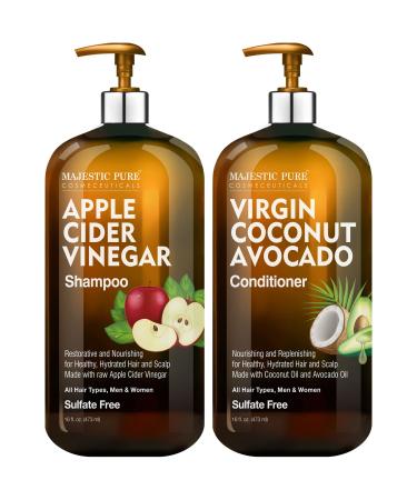 MAJESTIC PURE Apple Cider Vinegar Shampoo and Avocado Coconut Conditioner Set - Restores Shine & Reduces Itchy Scalp, Dandruff & Frizz - Sulfate Free, for All Hair Types, Men and Women - 2 x 16 fl oz 16 Fl Oz (Pack of 2)