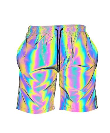 Akkad Kuti Men Reflective Shorts Pants Night Glow Fluorescent Jogger Casual Running Pockets Shorts with Drawstring Rainbow Shorts Large