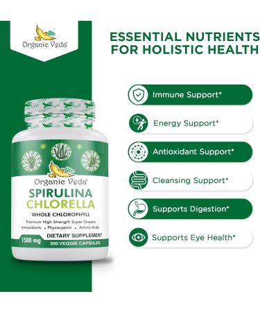 Organic Veda Spirulina & Chlorella Capsules 1500mg 300 Count - Spirulina Chlorella Capsules with Super Green Antioxidants Phycocyanin Amino Acid - Boost Immunity Energy Support Digestion - Buy Online on GoSupps.com