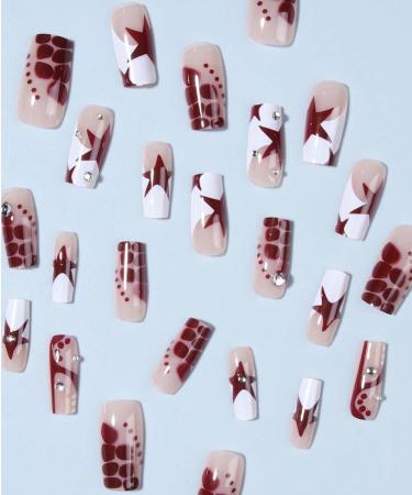 24pcs Star Rhinestone Coffin Fake Nail French Red Star 3D Press on Nails Valentine's Day Nails Luxurious Nails Acrylic Nails Fake Nails For Women Girls - Buy Online on GoSupps.com