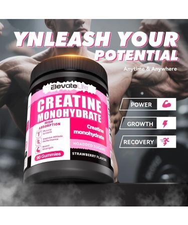 ElevateLife Creatine Monohydrate Gummies 5000mg for Men & Women Chewables Creatine Monohydrate for Muscle Strength Muscle Builder Energy Boost Pre-Workout Supplement(90 Count)-Strawberries Strawberry 90 Count (Pack of 1) - Buy Online on GoSupps.com