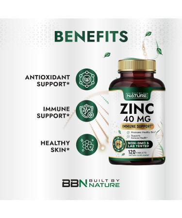 Built By Nature Zinc 40 mg High-Potency Immune Support & Antioxidant Supplement Promotes Skin Health & Wound Healing Zinc Gluconate Non-GMO Gluten Free 120 Tablets - Buy Online on GoSupps.com